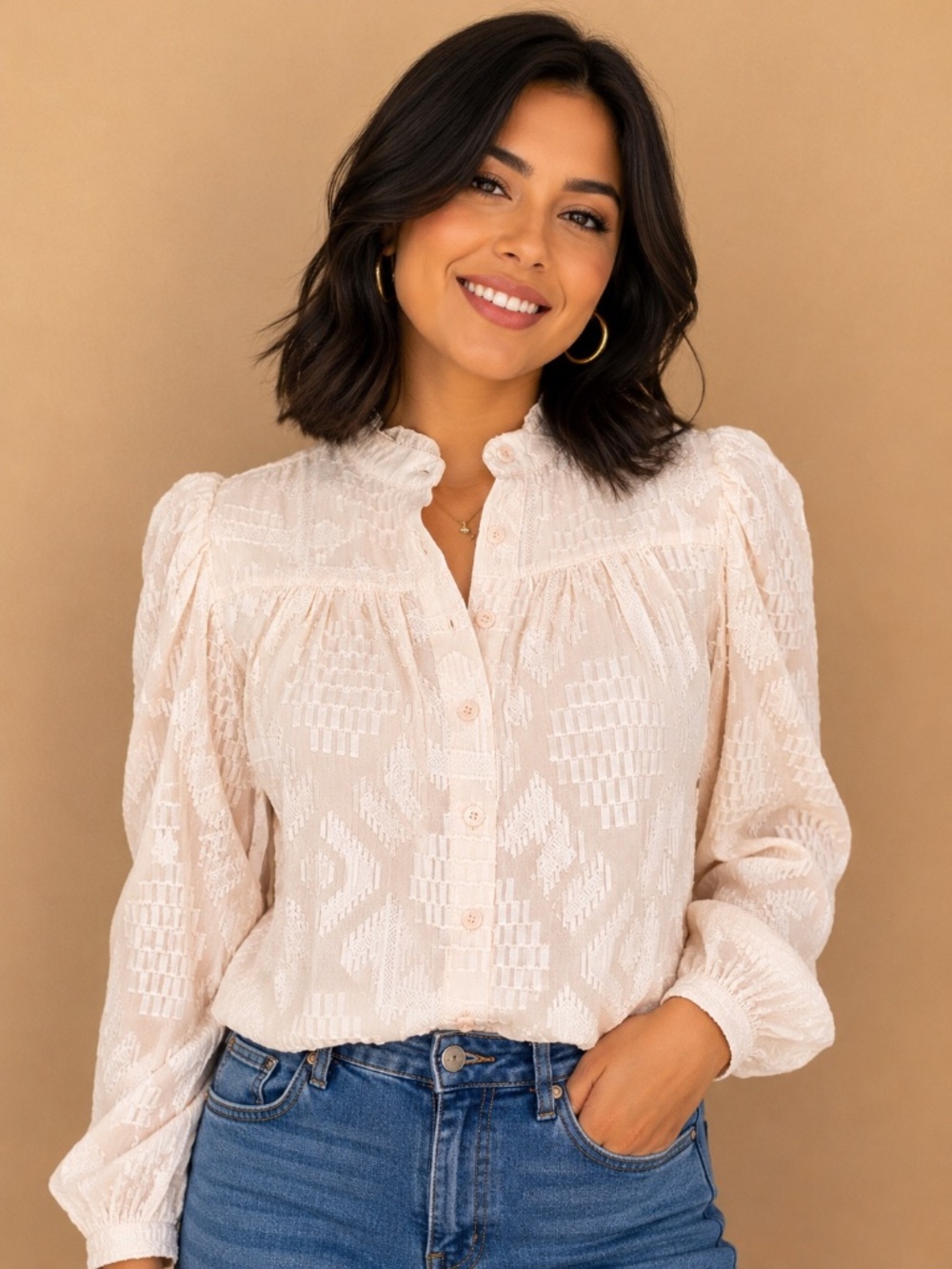 NWT Flawless Textured Neutral White Beige Tunic Button Up Blouse Top S BohoChic